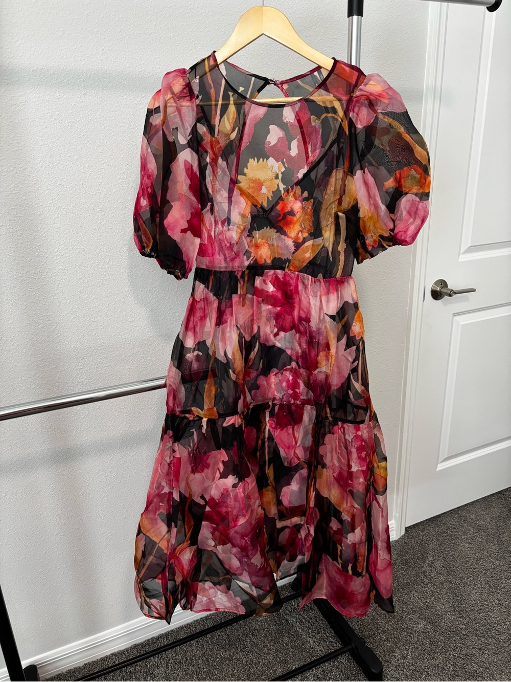Anthropologie Floral Midi Dress in Pink, Black & Gold Accents